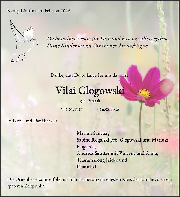 Traueranzeige von Vilai Glogowski, Kamp-Lintfort