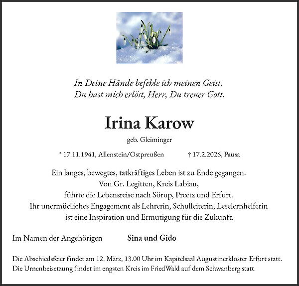 Traueranzeige von Irina Karow