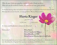 Traueranzeige Herta Rieger, Heilsbronn