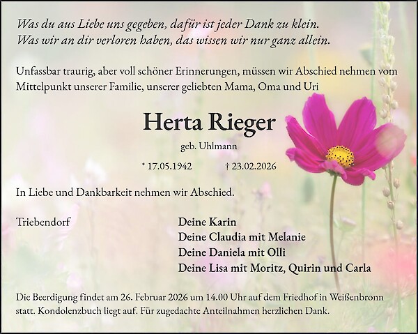 Traueranzeige von Herta Rieger, Heilsbronn