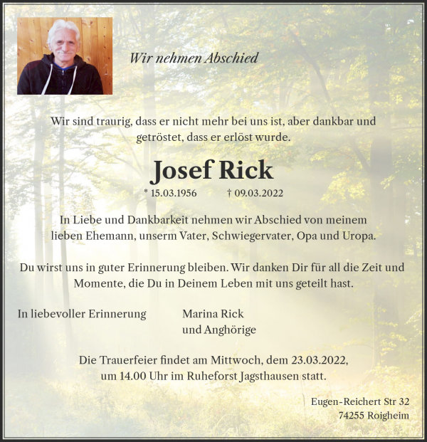 Traueranzeige von Josef Rick, Roigheim
