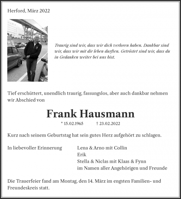 Traueranzeige von Frank Hausmann, Herford