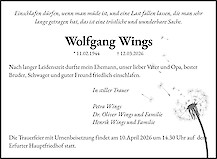 Traueranzeige Wolfgang Wings, Erfurt