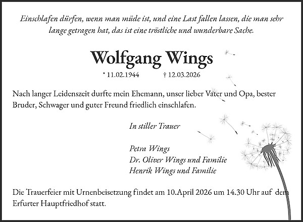 Traueranzeige von Wolfgang Wings, Erfurt