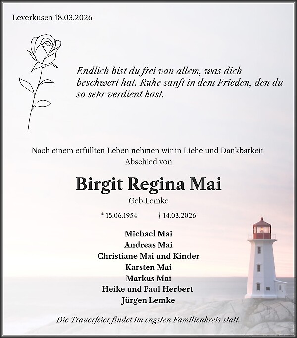Traueranzeige von Birgit Regina Mai, Leverkusen