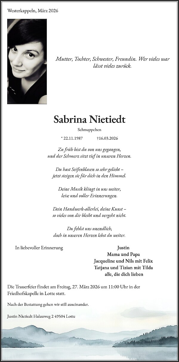 Traueranzeige von Sabrina Nietiedt