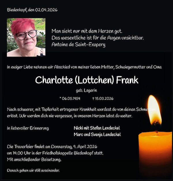 Traueranzeige von Charlotte  (Lottchen) Frank, Biedenkopf