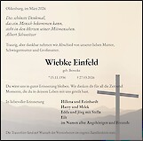 Traueranzeige Wiebke Einfeld, Oldenburg