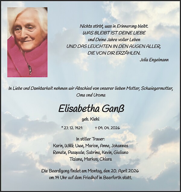 Traueranzeige von Elisabetha Gan&szlig;