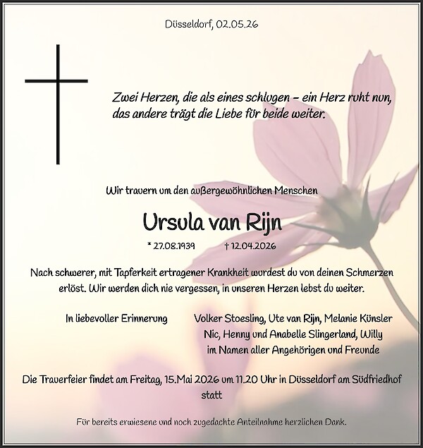 Traueranzeige von Ursula van Rijn, D&uuml;sseldorf