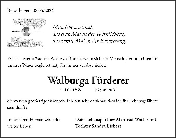 Traueranzeige von Walburga F&uuml;rderer, Blumberg