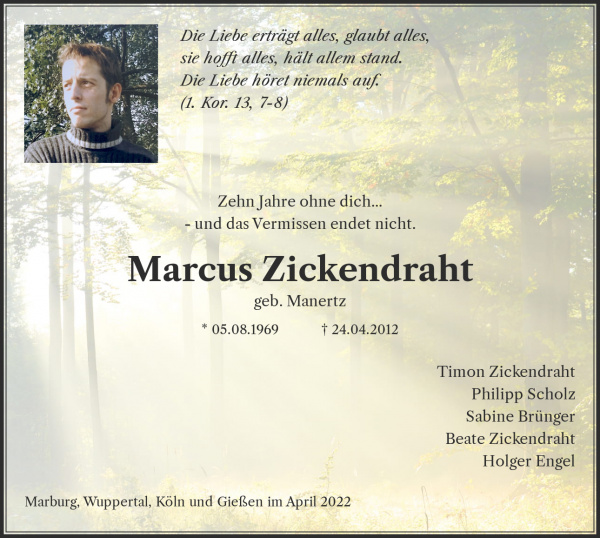 Traueranzeige von Marcus Zickendraht, Marburg