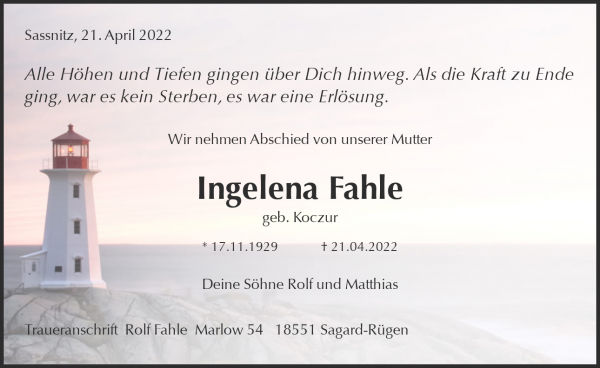 Traueranzeige von Ingelena Fahle, Sassnitz
