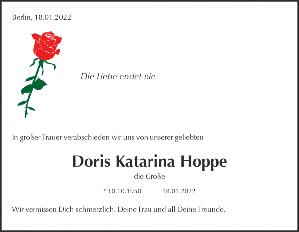 Traueranzeige von Doris Katarina Hoppe, Berlin