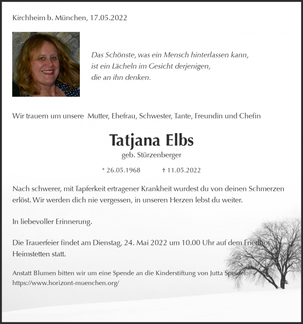 Traueranzeige von Tatjana Elbs, Kirchheim b. München