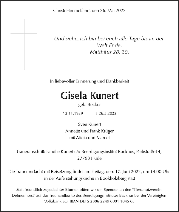 Traueranzeige von Gisela Kunert, Rethorn