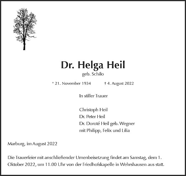 Traueranzeige von Dr. Helga Heil, Marburg