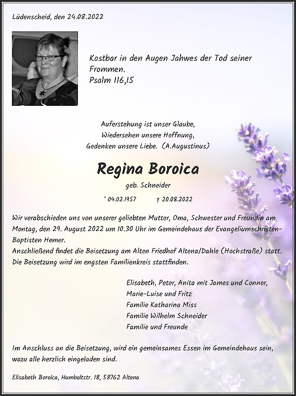 Traueranzeige von Regina Boroica, Rumänien