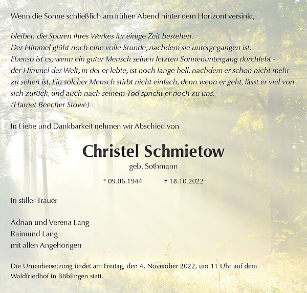 Traueranzeige von Christel Schmietow, Böblingen