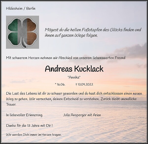 Traueranzeige von Andreas Kucklack, Berlin