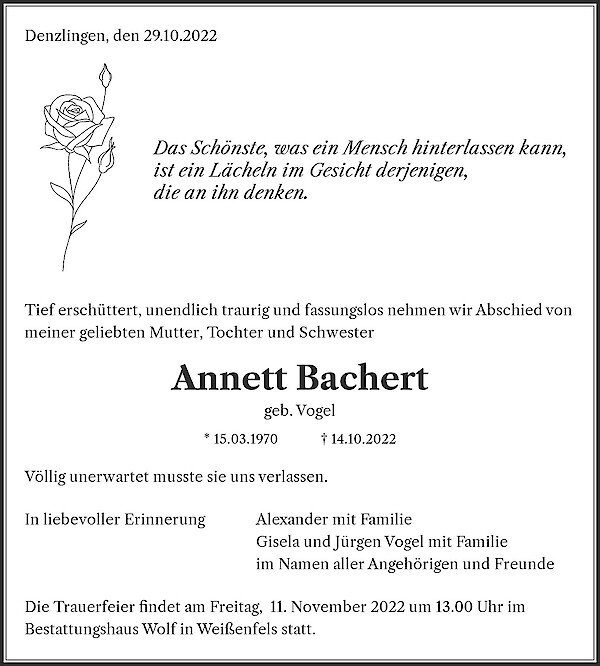Traueranzeige von Annett Bachert, Denzlingen