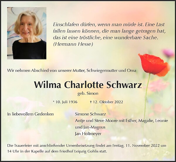 Traueranzeige von Wilma Charlotte Schwarz, Leipzig