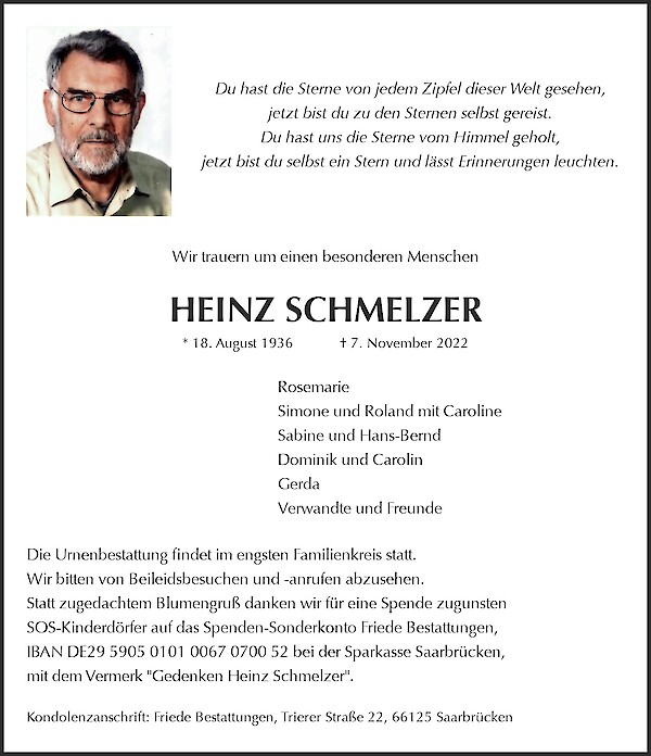 Traueranzeige von HEINZ SCHMELZER, Saarbrücken