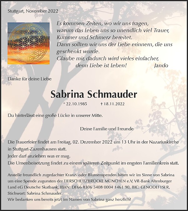 Traueranzeige von Sabrina Schmauder, Stuttgart