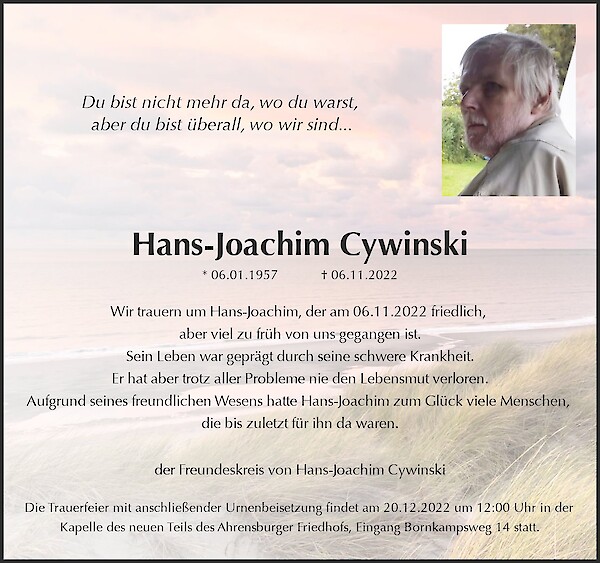 Traueranzeige von Hans-Joachim Cywinski, Ahrensburg