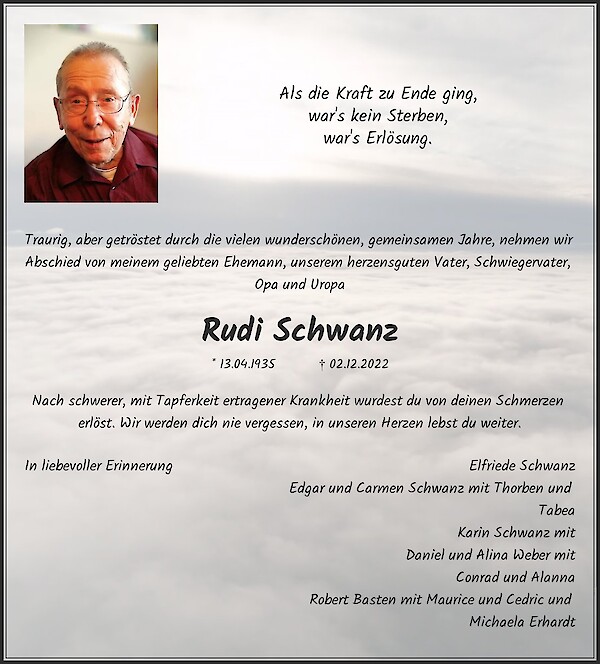 Traueranzeige von Rudi Schwanz, Sankt Augustin