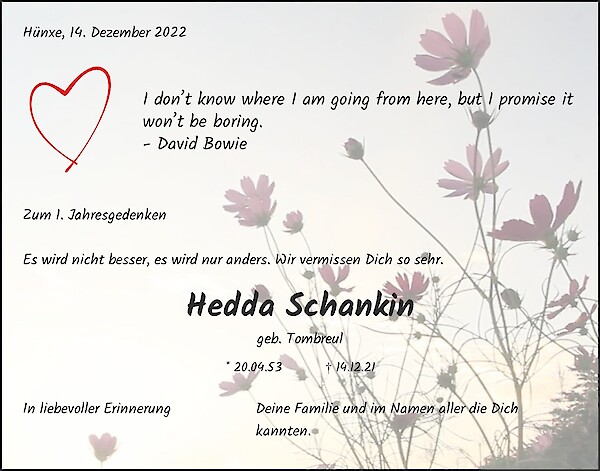 Traueranzeige von Hedda Schankin, Bad Dürkheim