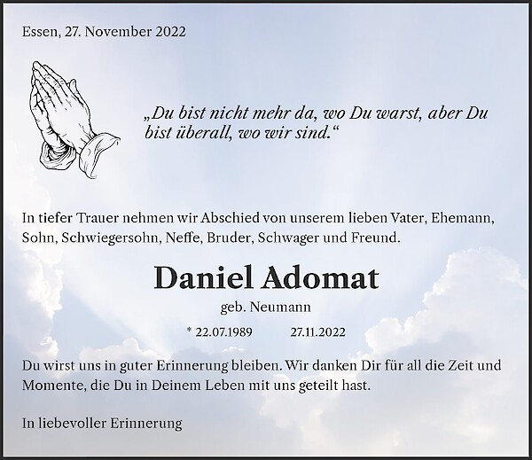 Traueranzeige von Daniel Adomat, Essen