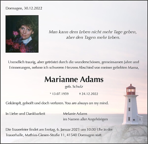 Traueranzeige von Marianne Adams, Norden