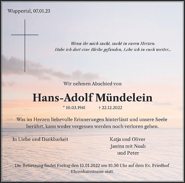 Traueranzeige von Hans-Adolf Mündelein, Wuppertal
