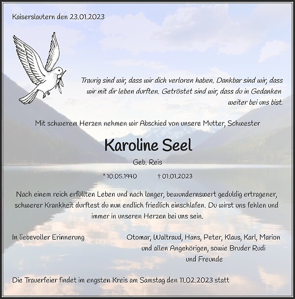 Traueranzeige von Karoline Seel, Kaiserslautern