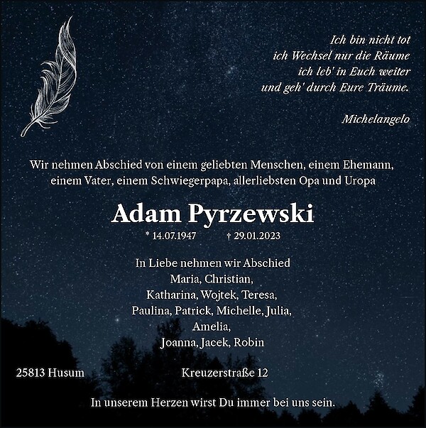 Traueranzeige von Adam Pyrzewski, Husum