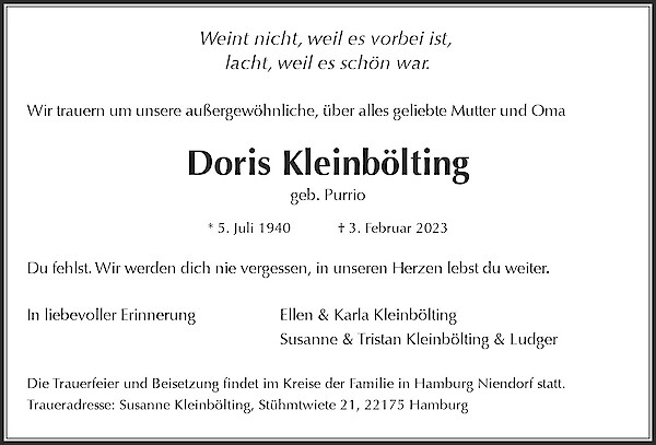 Traueranzeige von Doris Kleinbölting, Hamburg