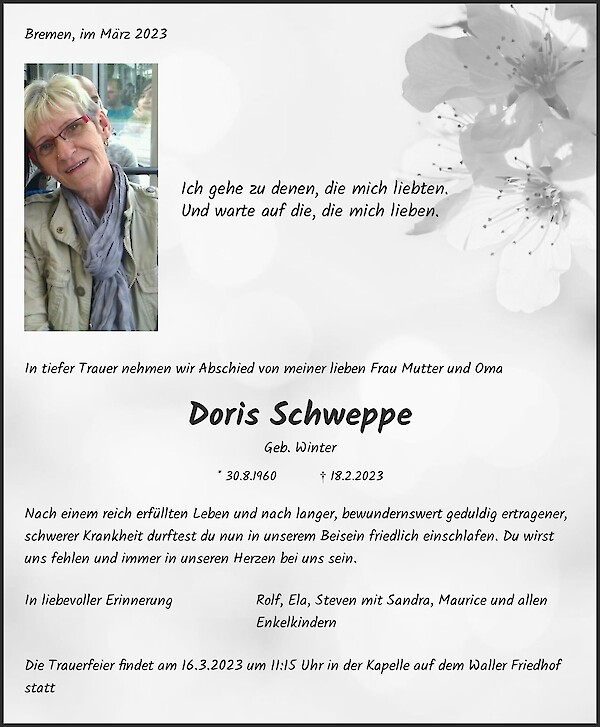 Traueranzeige von Doris Schweppe, Bremen