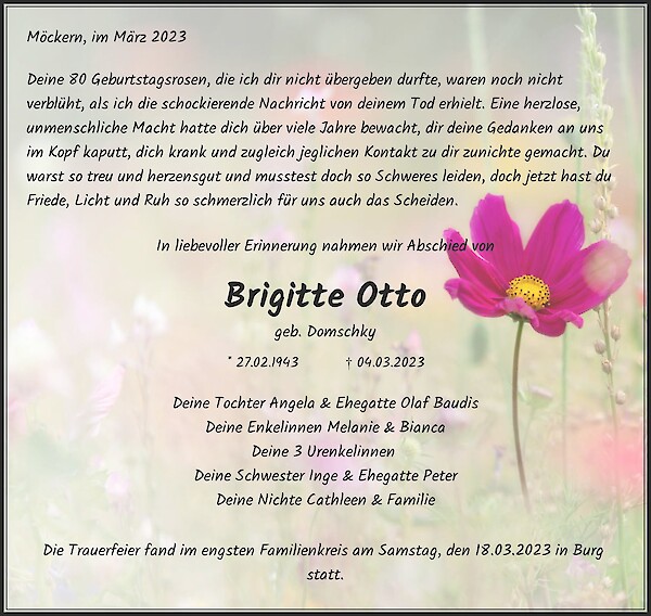 Traueranzeige von Brigitte Otto, Möckern