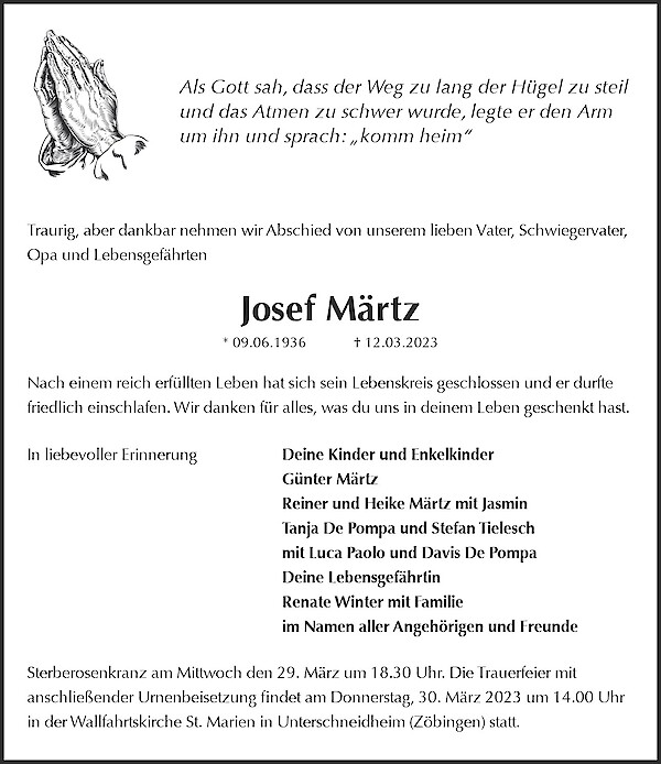 Traueranzeige von Josef Märtz, Zöbingen