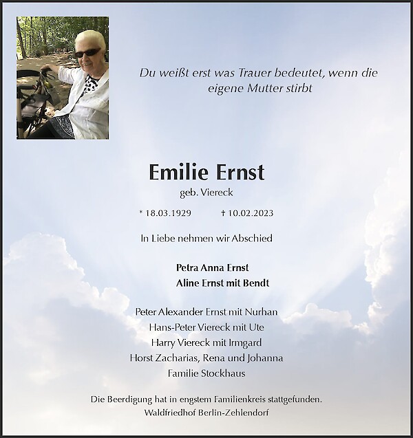 Traueranzeige von Emilie Ernst