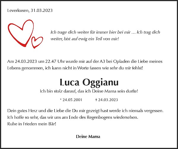 Traueranzeige von Luca Oggianu