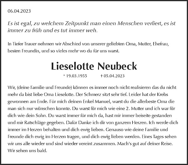 Traueranzeige von Lieselotte Neubeck, Gelsenkirchen