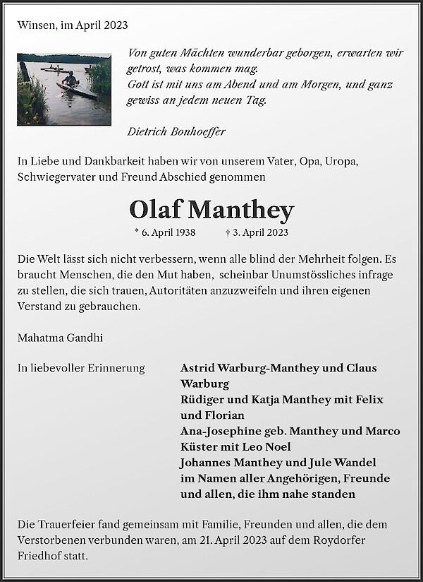 Traueranzeige von Olaf Manthey, Winsen/Luhe