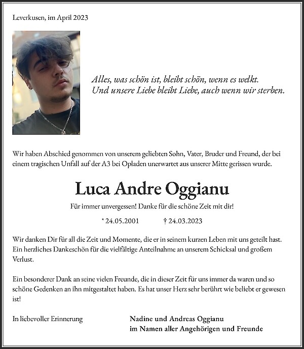 Traueranzeige von Luca Andre Oggianu, Leverkusen
