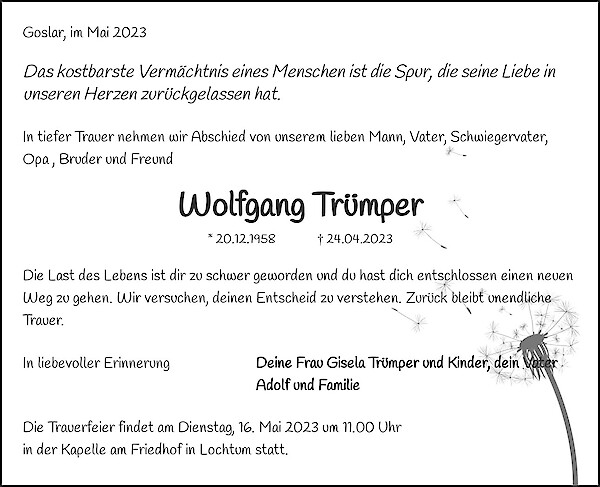 Traueranzeige von Wolfgang Trümper, Wülperode