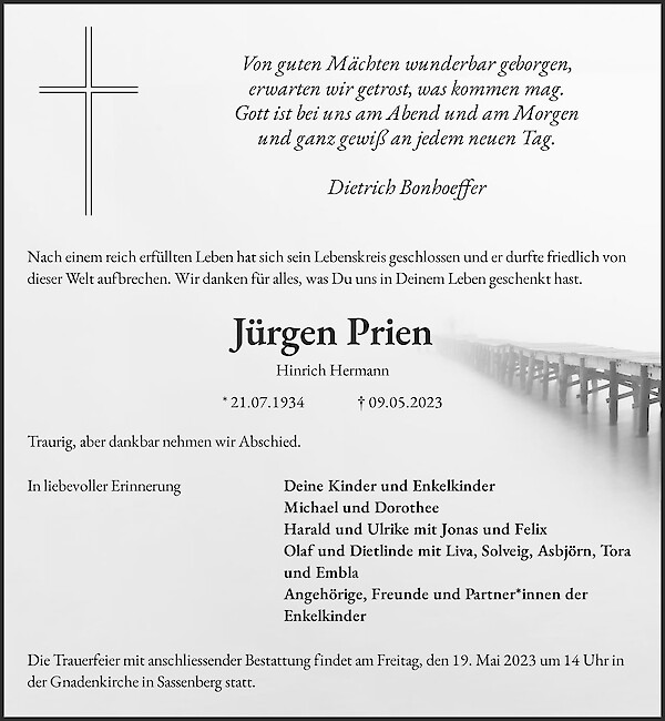 Traueranzeige von Jürgen Prien, Sassenberg