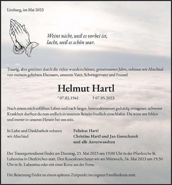 Traueranzeige von Helmut Hartl